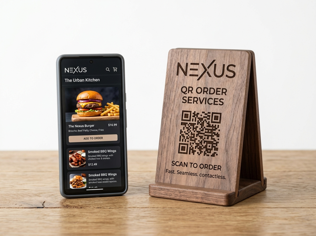 NEXUS digital menu on phone and QR standee